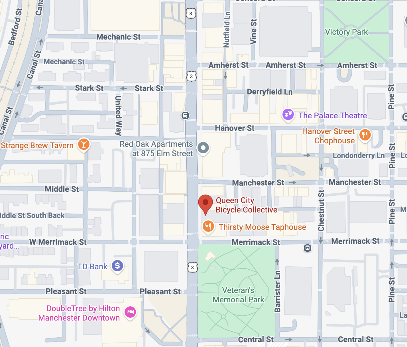 Map showing Queen City Bicycle Collective at 803 Elm Street in Manchester, NH