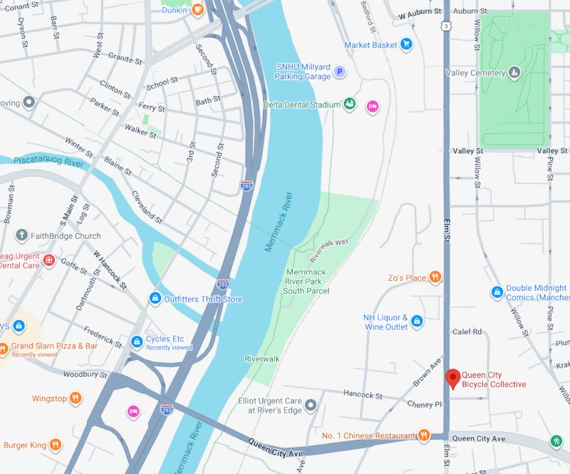 Map showing Queen City Bicycle Collective at 35 Elm Street in Manchester, NH